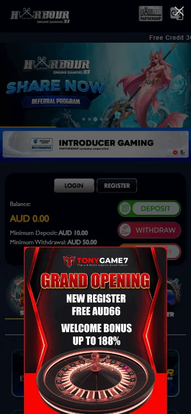 Harbour 33 Casino home on a mobile device
