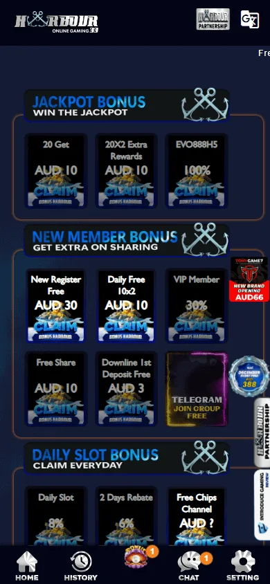 Harbour 33 Casino promotions on a mobile device